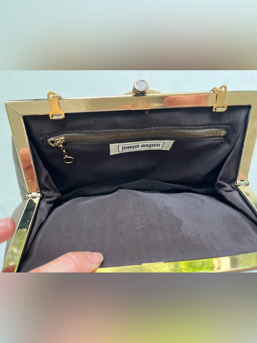 Vintage Olive Green Brown Leather Clutch / Shoulder Bag m with Brass Chain - Picture 6 of 7
